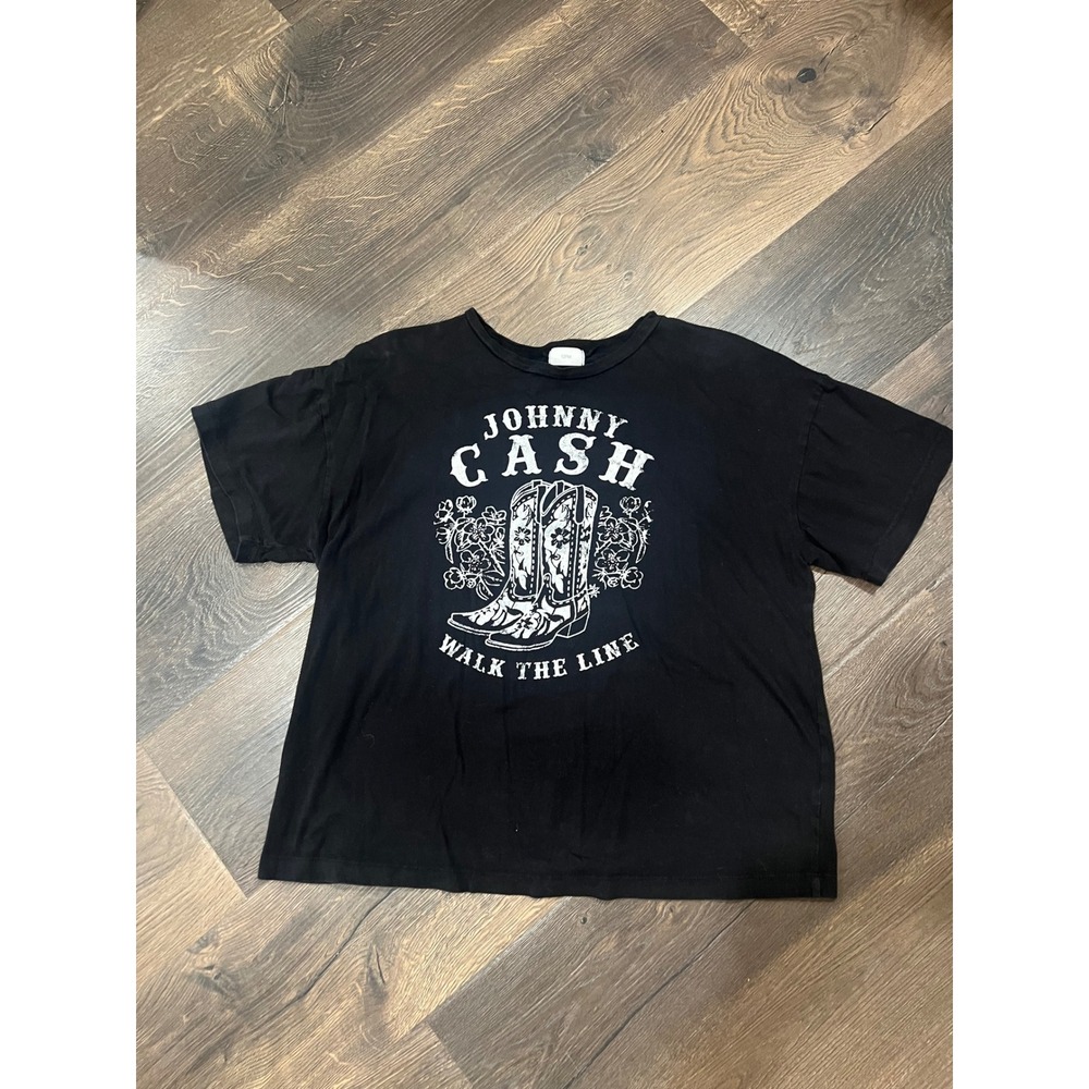 12PM Johnny Cash‎ Walk the Line Graphic T-Shirt Black Cotton Boxy Tee Womens